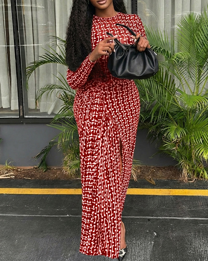 Geometric Print Long Sleeve Waist Tied Detail Maxi Dress Casual Slim Fit Slit Vacation Dress