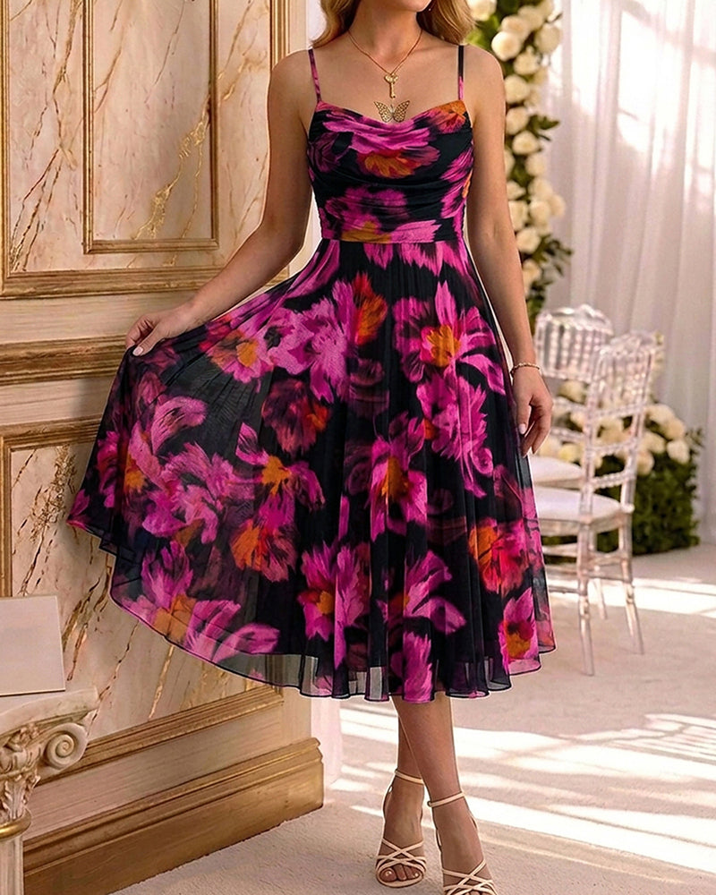 Vintage Oil Painting Floral Print Cowl Neck Adjustable Spaghetti Straps A Line Dress Elegant Cinched Waist Zipper Back Party Dress