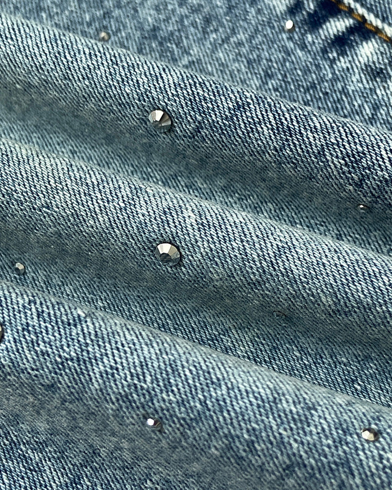 Allover Rhinestone Decor High Waist Zipper Fly Jeans Casual Flared Denim Pants with Rhinestone Decor Belt