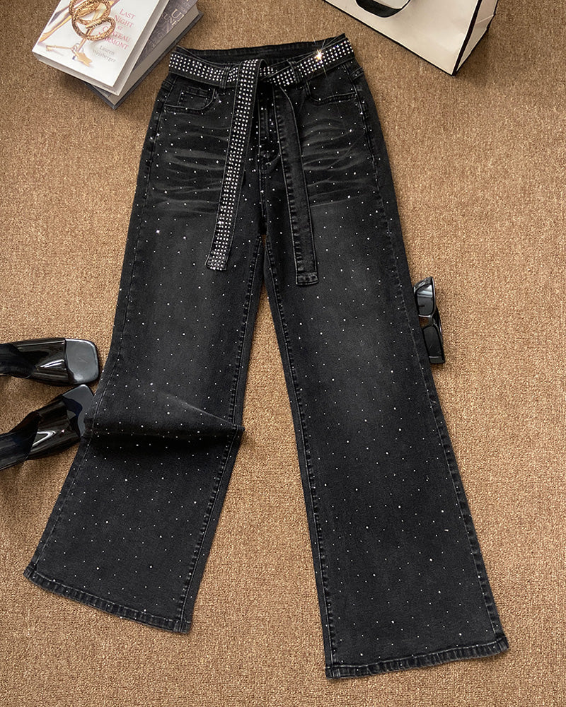 Allover Rhinestone Decor High Waist Zipper Fly Jeans Casual Flared Denim Pants with Rhinestone Decor Belt