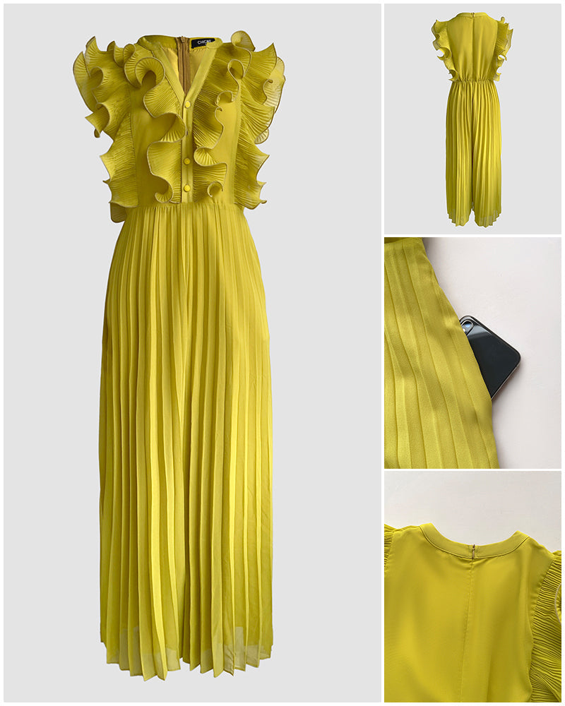Ruffles Spliced V-Neck Sleeveless Button Front Pleated Overalls Casual Zipper Back Wide Leg Jumpsuit