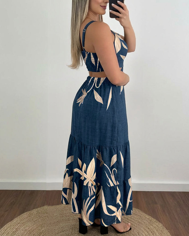 Plants Placement Print Adjustable Straps Cutout Waist Shirred Back Maxi Dress Casual Cinched Waist Ruffle Hem Vacation Dress
