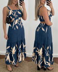 Plants Placement Print Adjustable Straps Cutout Waist Shirred Back Maxi Dress Casual Cinched Waist Ruffle Hem Vacation Dress