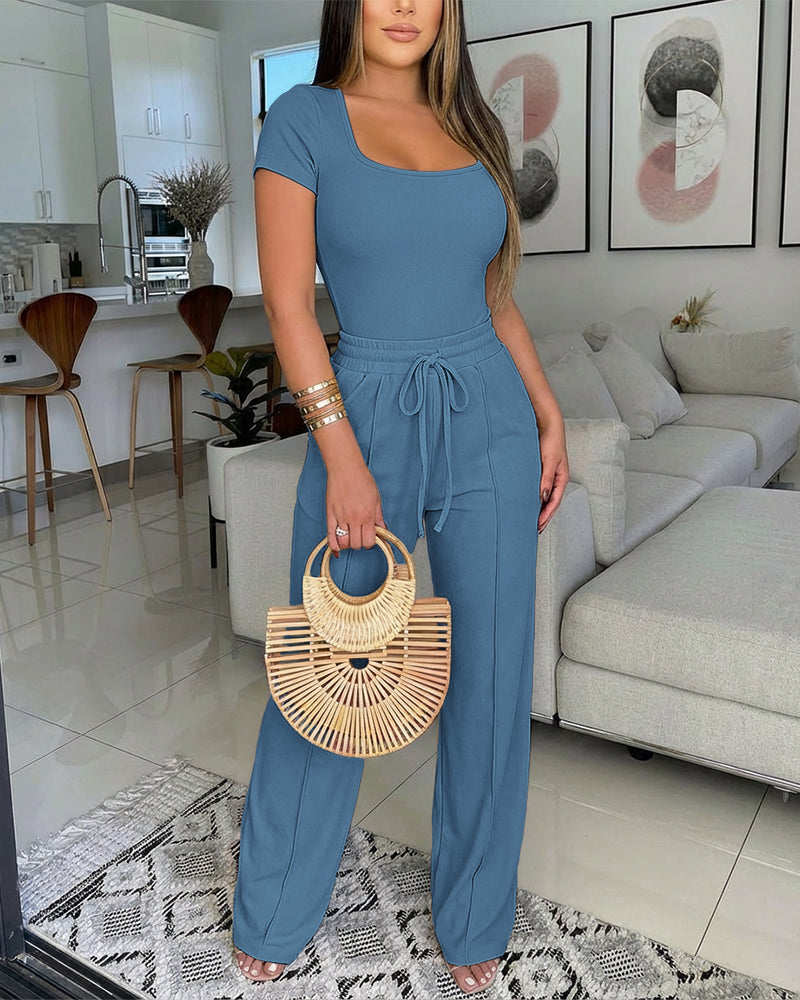 2 Pieces Outfit U-Neck Short Sleeve Slim Fit Ribbed Bodysuit and Drawstring Elastic Waist Seam Front Pants Casual Versatile Set