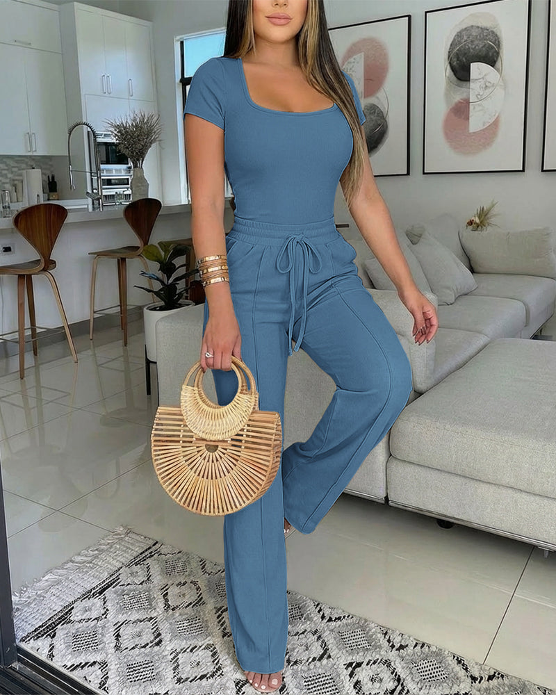 2 Pieces Outfit U-Neck Short Sleeve Slim Fit Ribbed Bodysuit and Drawstring Elastic Waist Seam Front Pants Casual Versatile Set