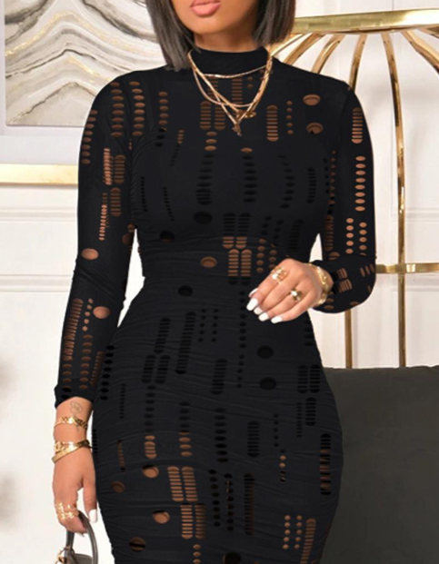 Mock Neck Long Sleeve Hollow Out Bodycon Dress Sexy Party Dress