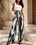 Tie Dye Print High Wait Elastic Waist Pleated Wide Leg Pants