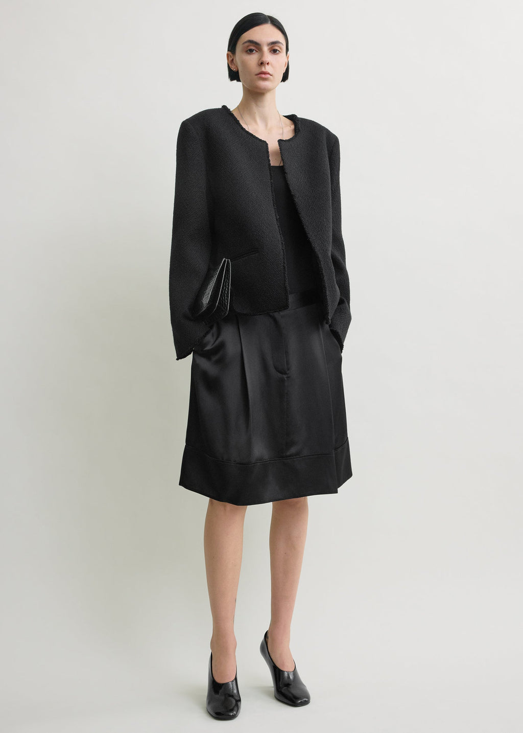 Open-front bouclé blazer black