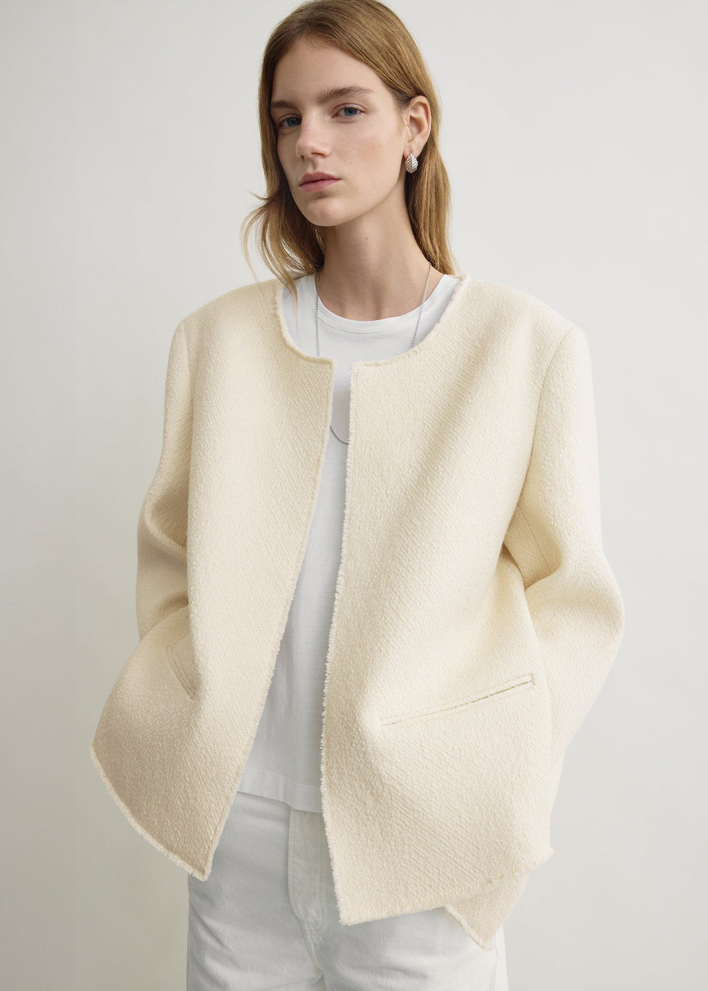 Open-front bouclé blazer ecru