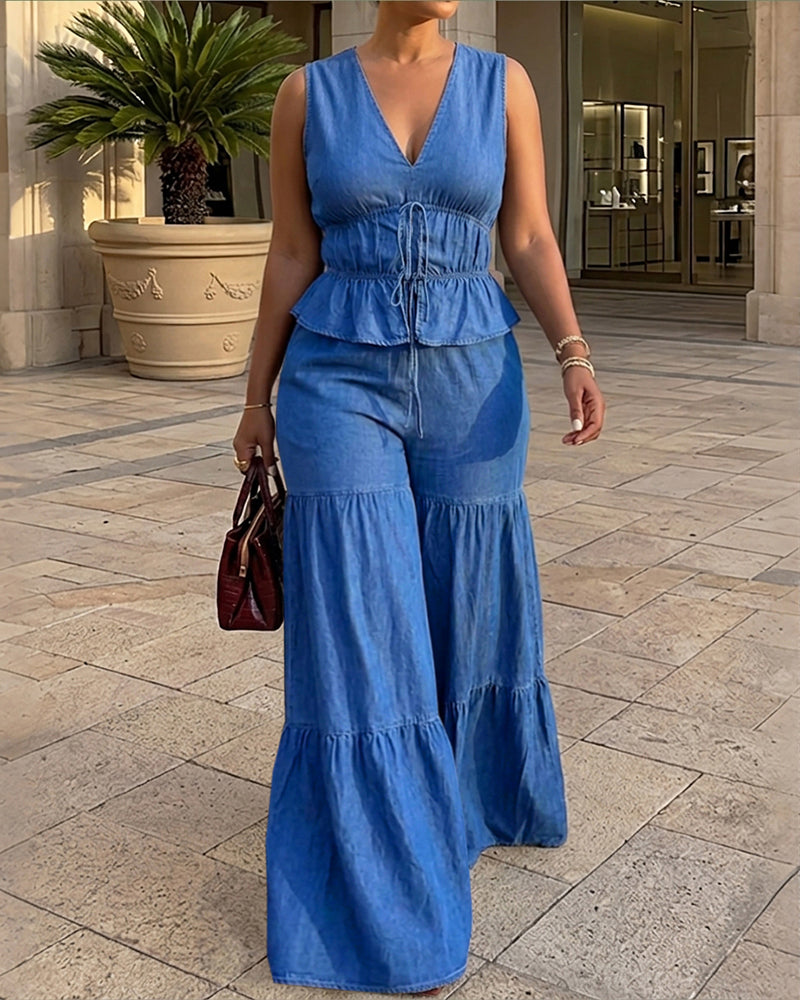 2 Pieces Outfit Deep V-Neck Sleeveless Tie Front Cinched Waist Top and Elastic Waist Wide Leg Pants Set Casual Ruffle Hem Set