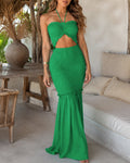 Sweetheart Neck Frill Trim Shirred Slim Fit Maxi Dress Elegant Cutout Front Mermaid Hem Evening Dress