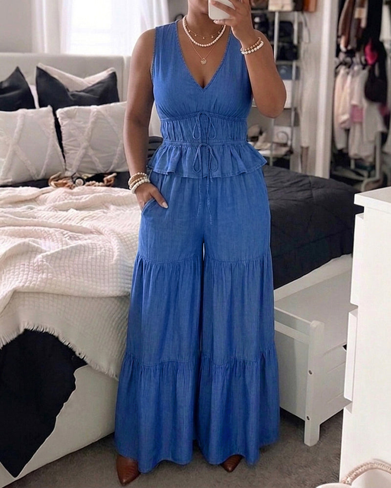 2 Pieces Outfit Deep V-Neck Sleeveless Tie Front Cinched Waist Top and Elastic Waist Wide Leg Pants Set Casual Ruffle Hem Set