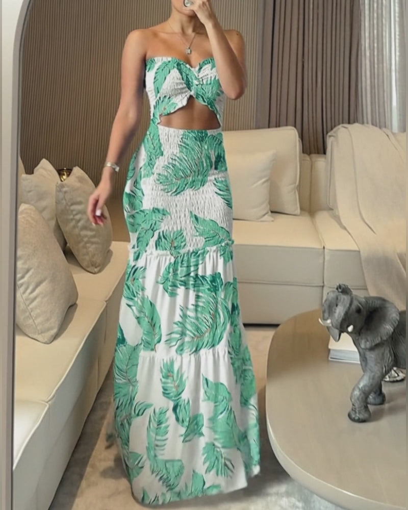 Tropical Plants Print Shirred Frill Trim Cinched Waist Ruffle Hem Tube Vacation Dress Elegant Tie Front Cutout Slim Fit Mermaid Hem Dress