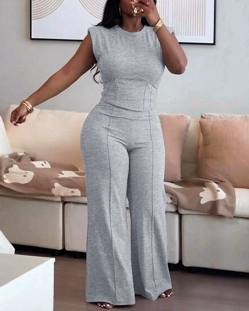 2 Pieces Outfit O-neck Sleeveless Padded Shoulders Cinched Waist Crop Top and Elastic Waist Seam Front Wide Leg Pants Set