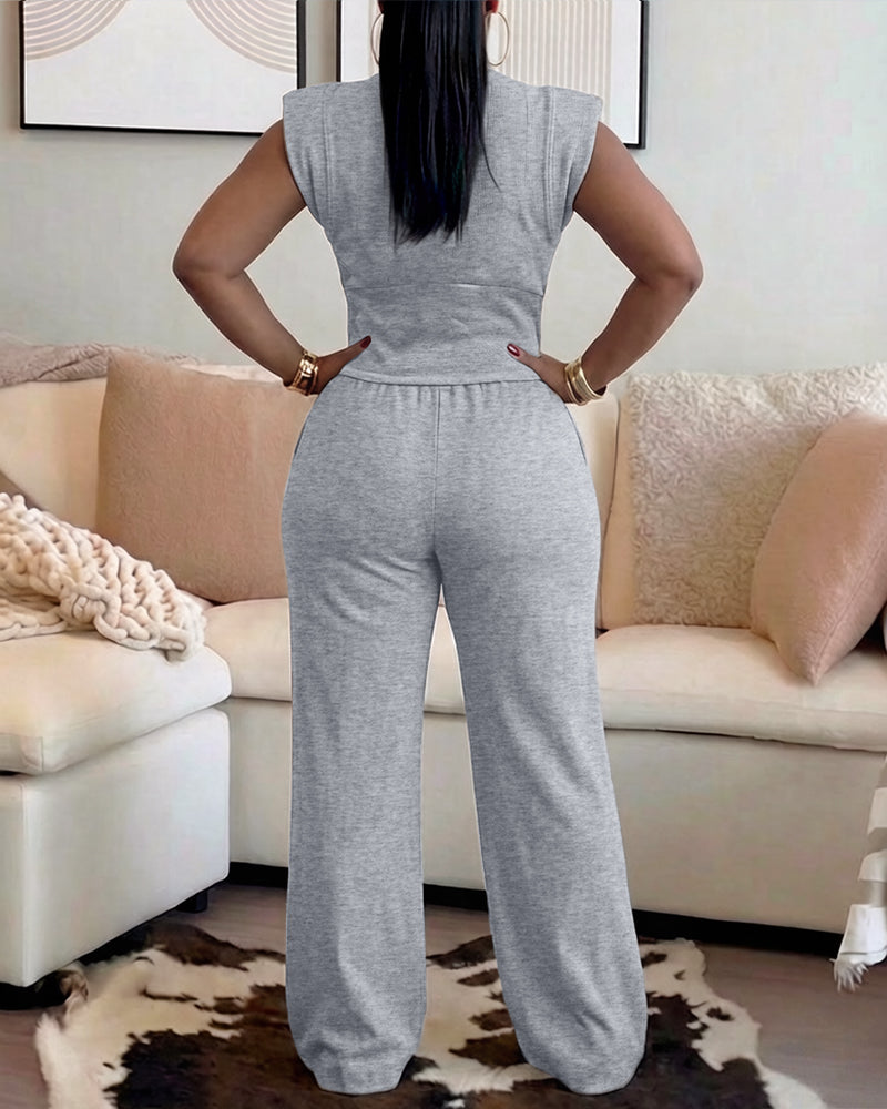 2 Pieces Outfit O-neck Sleeveless Padded Shoulders Cinched Waist Crop Top and Elastic Waist Seam Front Wide Leg Pants Set