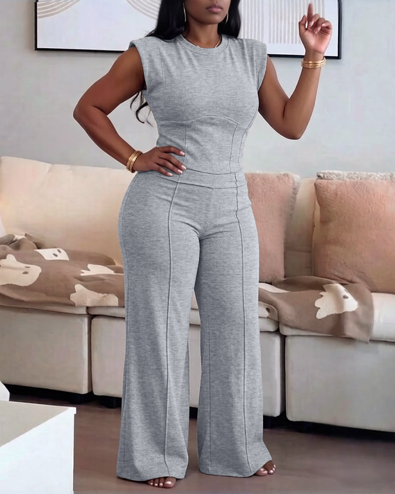 2 Pieces Outfit O-neck Sleeveless Padded Shoulders Cinched Waist Crop Top and Elastic Waist Seam Front Wide Leg Pants Set