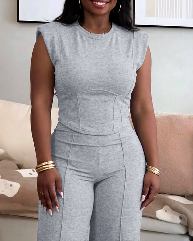 2 Pieces Outfit O-neck Sleeveless Padded Shoulders Cinched Waist Crop Top and Elastic Waist Seam Front Wide Leg Pants Set