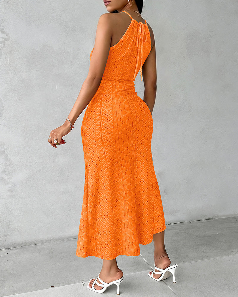 Halter Tie Criss Cross Front Knit Jacquard Textured Slit Dress Casual Hollow-out Draped Vacation Dress